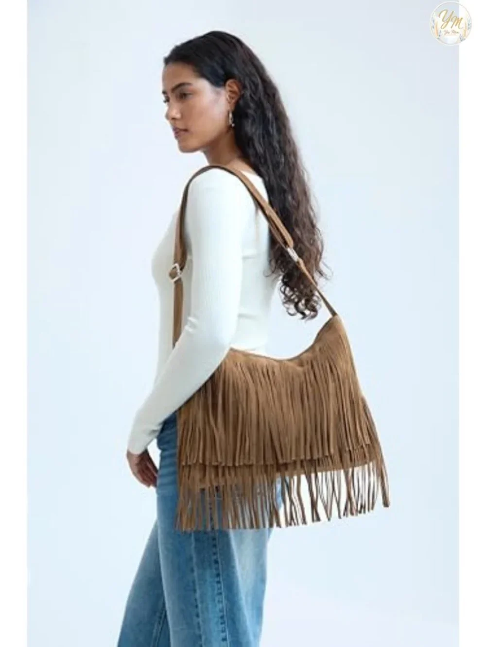 Faux Suede Leather Hobo Crossbody Bag with Fringe Tassel Detail